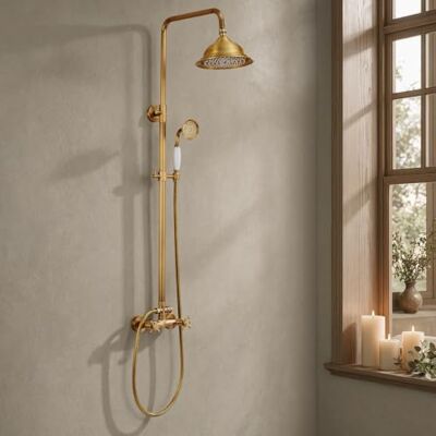 AuraLum Coluna duche de latão antigo, conjunto de chuveiro retro com torneira de 2 comandos, pulverizador de chuveiro de 20 cm e cabeça de mão 304, desviador para pulverizador e alcachofra, barra AuraLum Coluna duche de latão antigo, conjunto de chuveiro retro com torneira de 2 comandos, pulverizador de chuveiro de 20 cm e cabeça de mão 304, desviador para pulverizador e alcachofra, barra