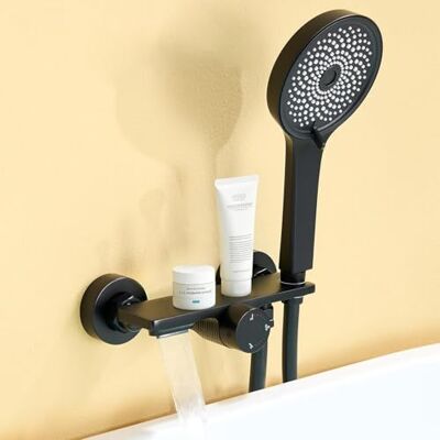 AuraLum Conjunto de torneira de banheira e chuveiro com cascata, misturador mono-comando de latão com prateleira de armazenamento, cabeça de mão 5 modos e mangueira 1,5 m, sistema de duche de parede AuraLum Conjunto de torneira de banheira e chuveiro com cascata, misturador mono-comando de latão com prateleira de armazenamento, cabeça de mão 5 modos e mangueira 1,5 m, sistema de duche de parede