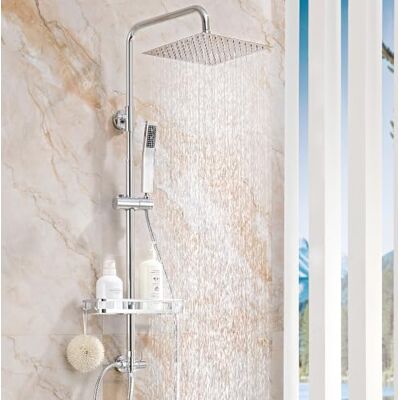 AuraLum Coluna duche sem torneira, pulverizador de chuveiro, 25 x 25 cm, aço inoxidável 304, almofada ajustável e prateleira sem perfuração, barra de duche 62 102 cm compatível com orifícios AuraLum Coluna duche sem torneira, pulverizador de chuveiro, 25 x 25 cm, aço inoxidável 304, almofada ajustável e prateleira sem perfuração, barra de duche 62 102 cm compatível com orifícios