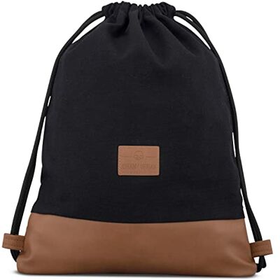 Johnny Urban Mochila de ginásio mulher e homem Luke bolsa de lona com bolso mochilas de algodão com cordão para desporto, tempo livre e praia impermeável, Preto/castanho, Tamanho único Johnny Urban Mochila de ginásio mulher e homem Luke bolsa de lona com bolso mochilas de algodão com cordão para desporto, tempo livre e praia impermeável, Preto/castanho, Tamanho único