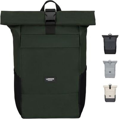 LARKSON Mochila de rolo para homem e mulher Nº 4 Macuto para viagem, uni, trabalho, de garrafas Pet recicladas, mala para portátil, impermeável, Verde escuro, Tamanho único, Minimalista LARKSON Mochila de rolo para homem e mulher Nº 4 Macuto para viagem, uni, trabalho, de garrafas Pet recicladas, mala para portátil, impermeável, Verde escuro, Tamanho único, Minimalista