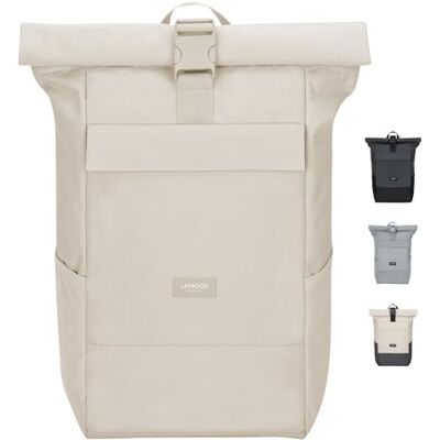 LARKSON Mochila de rolo para homem e mulher bege Nº 4, Macuto para viagem, uni, trabalho, de garrafas de estimação recicladas, mala para portátil, impermeável LARKSON Mochila de rolo para homem e mulher bege Nº 4, Macuto para viagem, uni, trabalho, de garrafas de estimação recicladas, mala para portátil, impermeável