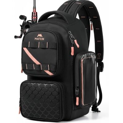 MATEIN Mochila de pesca com capa para telemóvel, Preto, Tático Mochila de Pesca Impermeable, Con Compartimento Isotérmico, Organizador Extraíble para Señuelos, para Camping y Senderismo MATEIN Mochila de pesca com capa para telemóvel, Preto, Tático Mochila de Pesca Impermeable, Con Compartimento Isotérmico, Organizador Extraíble para Señuelos, para Camping y Senderismo