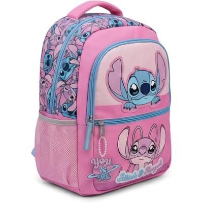 Disney Stitch & Angel mochila escolar para meninas mochila grande e leve mochila com bolso frontal com fecho de correr e bolsos laterais de malha, mochila de viagem, mochila para escola Disney Stitch & Angel mochila escolar para meninas mochila grande e leve mochila com bolso frontal com fecho de correr e bolsos laterais de malha, mochila de viagem, mochila para escola