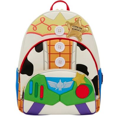 Loungefly Disney: Pixar Toy Story 5 to Infinity and Beyond Woody, Jessie e Buzz Lightyear Mochila de tamanho médio com bolso triplo com fecho de ganga impressa presente para crianças e Loungefly Disney: Pixar Toy Story 5 to Infinity and Beyond Woody, Jessie e Buzz Lightyear Mochila de tamanho médio com bolso triplo com fecho de ganga impressa presente para crianças e