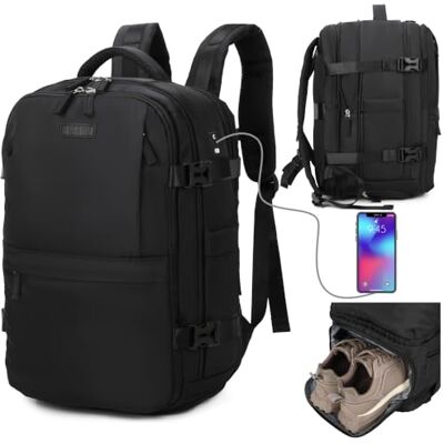 1990s Mochila de viagem de cabine expansível para Ryanair 40 x 25 x 20 25 cm, com bolsa para sapatilhas, mochila casual impermeável extensível compatível com portátil de 15 polegadas, Preto 1990s Mochila de viagem de cabine expansível para Ryanair 40 x 25 x 20 25 cm, com bolsa para sapatilhas, mochila casual impermeável extensível compatível com portátil de 15 polegadas, Preto