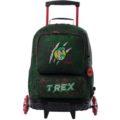 TOTTO Mochila escolar com rodas, modelo Rex Dino, 2 compartimentos, 2 bolsos para garrafa, proteção em base, alças ajustáveis, cor rosa, verde, aventureiro TOTTO Mochila escolar com rodas, modelo Rex Dino, 2 compartimentos, 2 bolsos para garrafa, proteção em base, alças ajustáveis, cor rosa, verde, aventureiro