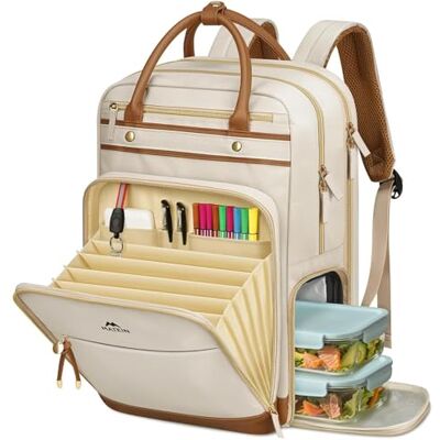MATEIN Mochila de professor mulher com compartimento de almoço removível, mochila portátil de 15,6 com pasta classificadora e porta USB mochilas trabalho para universidade, escola e escritório, bege MATEIN Mochila de professor mulher com compartimento de almoço removível, mochila portátil de 15,6 com pasta classificadora e porta USB mochilas trabalho para universidade, escola e escritório, bege