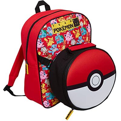 Pokémon Pikachu Mochila com lancheira isotérmica removível para meninos e meninas, 2 peças, caixa de sanduíche isotérmica removível para aperitivos quentes ou frios, cor vermelha Pokémon Pikachu Mochila com lancheira isotérmica removível para meninos e meninas, 2 peças, caixa de sanduíche isotérmica removível para aperitivos quentes ou frios, cor vermelha