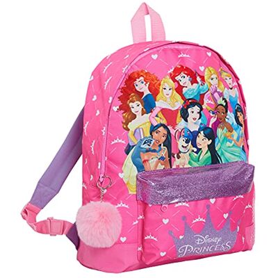 Disney Mochila de princesa con todas las princesas oficiales para niñas, mochila escolar grande con purpurina rosa Disney Mochila de princesa con todas las princesas oficiales para niñas, mochila escolar grande con purpurina rosa