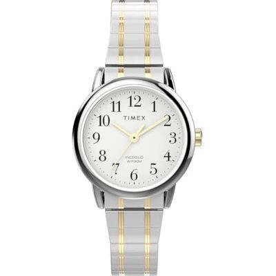 Timex Easy Reader Relógio feminino de 25 mm, pulseira extensível em aço inoxidável bicolor, mostrador branco, caixa prateada Timex Easy Reader Relógio feminino de 25 mm, pulseira extensível em aço inoxidável bicolor, mostrador branco, caixa prateada