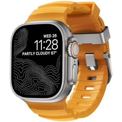 NOMAD Trela desportiva Rocky Point Sol Yellow para Apple Watch (45/49 mm) com ferragens de titânio natural, resistente e aventureira, ideal para homens e mulheres. NOMAD Trela desportiva Rocky Point Sol Yellow para Apple Watch (45/49 mm) com ferragens de titânio natural, resistente e aventureira, ideal para homens e mulheres.