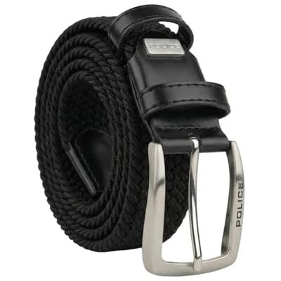 Police Cinto elástico entrançado para homem e mulher, inserções de pele autêntica, fivela sem níquel, ajustável, altura de 3,5 cm, com caixa Police Cinto elástico entrançado para homem e mulher, inserções de pele autêntica, fivela sem níquel, ajustável, altura de 3,5 cm, com caixa