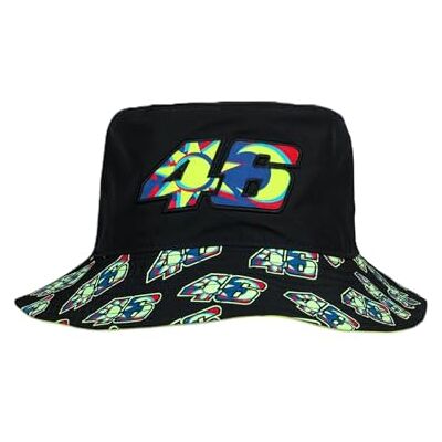 New Era VR46, Valentino Rossi, chapéu de pescador oficial, preto com padrão de logotipo amarelo néon, ajuste elástico New Era VR46, Valentino Rossi, chapéu de pescador oficial, preto com padrão de logotipo amarelo néon, ajuste elástico
