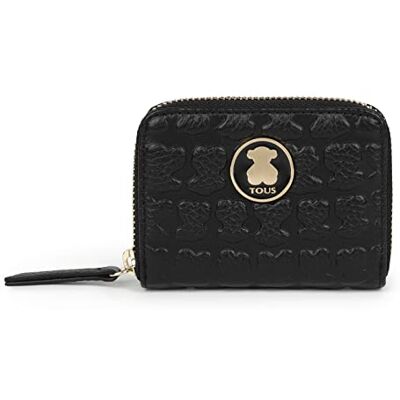 TOUS Carteira média de pele gravada em preto, para mulher, fecho de correr, aplicações personalizadas a dourado, medidas 8 x 10,5 x 2,5 cm, bonito e elegante, coleção Sherton TOUS Carteira média de pele gravada em preto, para mulher, fecho de correr, aplicações personalizadas a dourado, medidas 8 x 10,5 x 2,5 cm, bonito e elegante, coleção Sherton