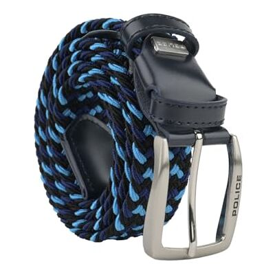Police Cinto elástico entrançado para homem e mulher, inserções de pele autêntica, fivela sem níquel, ajustável, altura de 3,5 cm, com caixa Police Cinto elástico entrançado para homem e mulher, inserções de pele autêntica, fivela sem níquel, ajustável, altura de 3,5 cm, com caixa