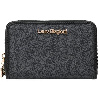Laura Biagiotti Carteira de mulher de poliuretano, com porta-moedas e fecho de correr Around, textura rachada com caixa de presente, Preto, Compacto 2 Zip Laura Biagiotti Carteira de mulher de poliuretano, com porta-moedas e fecho de correr Around, textura rachada com caixa de presente, Preto, Compacto 2 Zip