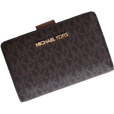 Michael Kors Carteira de viagem Jet Set logótipo impresso iniciais, castanho, couro saffiano, bifold, mulheres-adultos, com porta-moedas com fecho de correr forrado Michael Kors Carteira de viagem Jet Set logótipo impresso iniciais, castanho, couro saffiano, bifold, mulheres-adultos, com porta-moedas com fecho de correr forrado