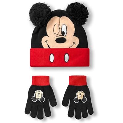 Disney Conjunto de gorro e luvas de rato Mickey para crianças Gorro de inverno de malha preto e vermelho com pompons Gorro e luvas de tamanho único para crianças com cara de personagem Disney Conjunto de gorro e luvas de rato Mickey para crianças Gorro de inverno de malha preto e vermelho com pompons Gorro e luvas de tamanho único para crianças com cara de personagem