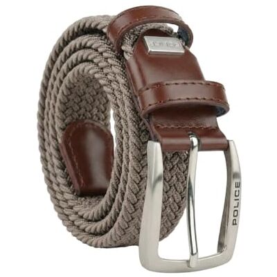 Police Cinto elástico entrançado para homem e mulher, inserções de pele autêntica, fivela sem níquel, ajustável, altura de 3,5 cm, com caixa Police Cinto elástico entrançado para homem e mulher, inserções de pele autêntica, fivela sem níquel, ajustável, altura de 3,5 cm, com caixa