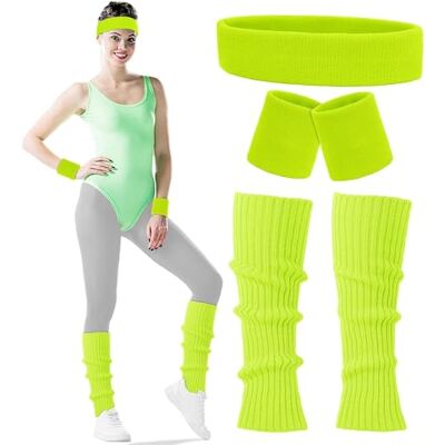 Carnavalife Disfarce Anos 80 mulher adulto com fita de cabelo pulseiras aquecedor de pernas cor néon gym, acessórios anos 80, faixas fitas desportivas 80S Carnavalife Disfarce Anos 80 mulher adulto com fita de cabelo pulseiras aquecedor de pernas cor néon gym, acessórios anos 80, faixas fitas desportivas 80S
