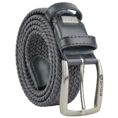 Police Cinto elástico entrançado para homem e mulher, inserções de pele autêntica, fivela sem níquel, ajustável, altura de 3,5 cm, com caixa Police Cinto elástico entrançado para homem e mulher, inserções de pele autêntica, fivela sem níquel, ajustável, altura de 3,5 cm, com caixa