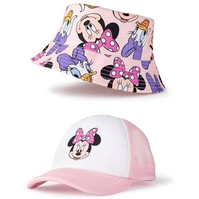 Disney Conjunto de gorro e boné rosa de Minnie Mouse para meninas acessórios leves e respiráveis com estampado de personagens, proteção solar casual Disney Conjunto de gorro e boné rosa de Minnie Mouse para meninas acessórios leves e respiráveis com estampado de personagens, proteção solar casual