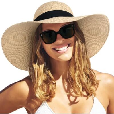 FURTALK Chapéu moderno de aba larga para mulher UPF50 chapéu de viagem de verão para a praia FURTALK Chapéu moderno de aba larga para mulher UPF50 chapéu de viagem de verão para a praia