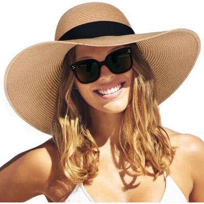 FURTALK Chapéu moderno de aba larga para mulher UPF50 chapéu de viagem de verão para a praia FURTALK Chapéu moderno de aba larga para mulher UPF50 chapéu de viagem de verão para a praia