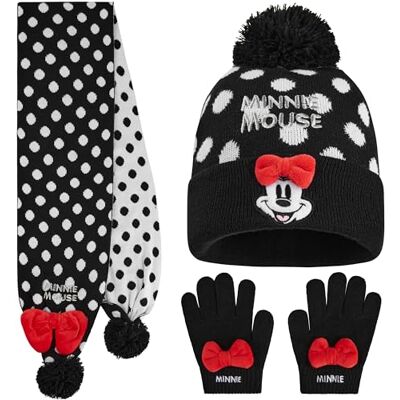 Disney Minnie Mouse conjunto cachecol e gorro e luvas para menina, acessórios de inverno, design divertido com laço e lunar Disney Minnie Mouse conjunto cachecol e gorro e luvas para menina, acessórios de inverno, design divertido com laço e lunar