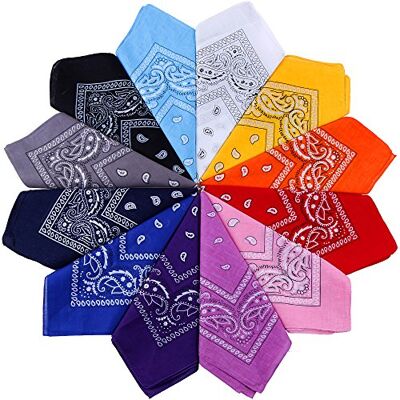 Anpro 12 bandanas, lenços unissexo, diadema de cabelo, cachecol de pescoço, decoração em algodão, estilo retro, multicolorido e multifuncional, para homem e mulher, criança, 12 cores, 55 x 55 cm Anpro 12 bandanas, lenços unissexo, diadema de cabelo, cachecol de pescoço, decoração em algodão, estilo retro, multicolorido e multifuncional, para homem e mulher, criança, 12 cores, 55 x 55 cm