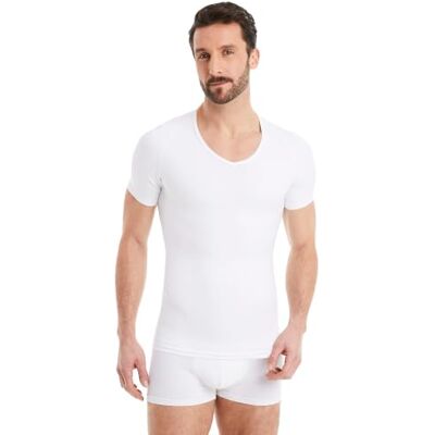 FINN T-shirt redutora para homem com decote em V t-shirt interior de compressão de manga curta de algodão Body Shaper para uma barriga mais plana ideal para ginecomastia, Branco FINN T-shirt redutora para homem com decote em V t-shirt interior de compressão de manga curta de algodão Body Shaper para uma barriga mais plana ideal para ginecomastia, Branco
