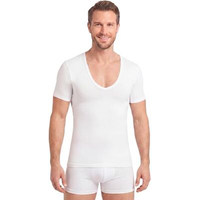 FINN T-shirt interior anti-suor para homem, decote em V extra profundo Dez centímetros mais abaixo: não aparece nem com a camisa muito aberta. Modal Lenzing, em branco, cor de carne ou preto FINN T-shirt interior anti-suor para homem, decote em V extra profundo Dez centímetros mais abaixo: não aparece nem com a camisa muito aberta. Modal Lenzing, em branco, cor de carne ou preto