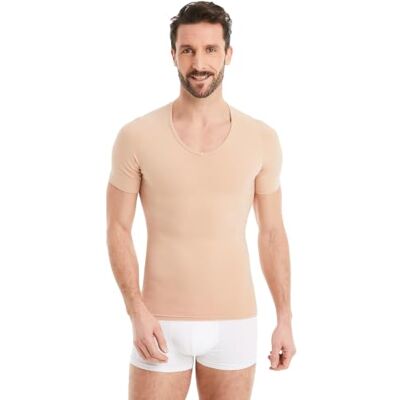 FINN T-shirt redutora para homem com decote em V t-shirt interior de compressão de manga curta de algodão Body Shaper para uma barriga mais plana ideal para ginecomastia, Cor pele FINN T-shirt redutora para homem com decote em V t-shirt interior de compressão de manga curta de algodão Body Shaper para uma barriga mais plana ideal para ginecomastia, Cor pele