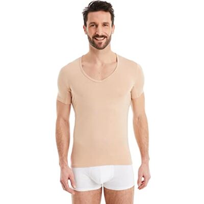 FINN T-shirt funcional para homem com decote em V t-shirt anti-suor com inserções contra manchas de suor t-shirt interior de manga curta em tecido original Lenzing® Modal, Cor pele, XXL FINN T-shirt funcional para homem com decote em V t-shirt anti-suor com inserções contra manchas de suor t-shirt interior de manga curta em tecido original Lenzing® Modal, Cor pele, XXL