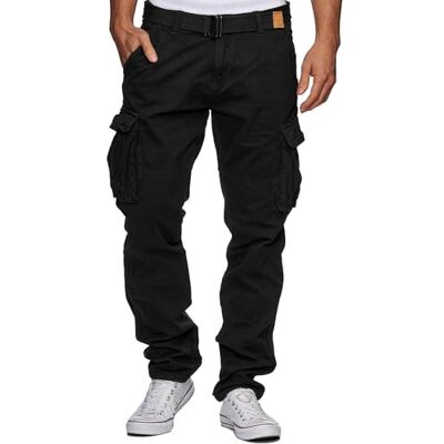 Indicode Homens William Cargo Pants Calça de algodão com 7 Bolsos Inclui cinto, New Black, M Indicode Homens William Cargo Pants Calça de algodão com 7 Bolsos Inclui cinto, New Black, M