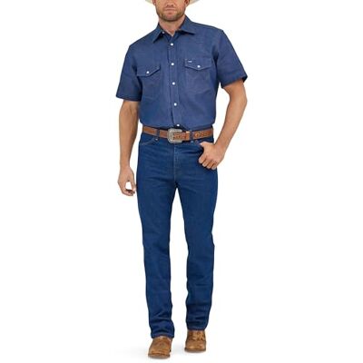 Wrangler Camisa de trabalho de manga curta com dois bolsos para homem, corte ganga, corte de ganga, camisa de trabalho de manga curta a pressão (embalagem de 1), Cambray azul médio, Médio Wrangler Camisa de trabalho de manga curta com dois bolsos para homem, corte ganga, corte de ganga, camisa de trabalho de manga curta a pressão (embalagem de 1), Cambray azul médio, Médio