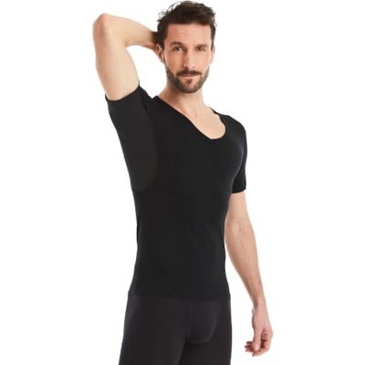 FINN T-shirt anti-suor para homem com decote em V e adesivos anti-suor contra a transpiração intensa t-shirt interior com proteção garantida contra manchas de suor e mau odor, Preto, Médio FINN T-shirt anti-suor para homem com decote em V e adesivos anti-suor contra a transpiração intensa t-shirt interior com proteção garantida contra manchas de suor e mau odor, Preto, Médio