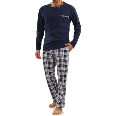 Sesto Senso Pijama homem longo inverno clássico algodão 2 peças roupa de dormir conjunto camisa manga comprida calças compridas, T-shirt azul escuro; calças quadros brancos e vermelhos Sesto Senso Pijama homem longo inverno clássico algodão 2 peças roupa de dormir conjunto camisa manga comprida calças compridas, T-shirt azul escuro; calças quadros brancos e vermelhos