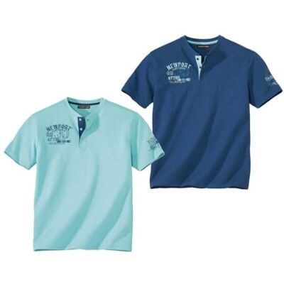 ATLAS FOR MEN Lote de 2 t-shirts para homem manga curta gola tunisiana disponível em tamanhos grandes de M a 5XL ATLAS FOR MEN Lote de 2 t-shirts para homem manga curta gola tunisiana disponível em tamanhos grandes de M a 5XL