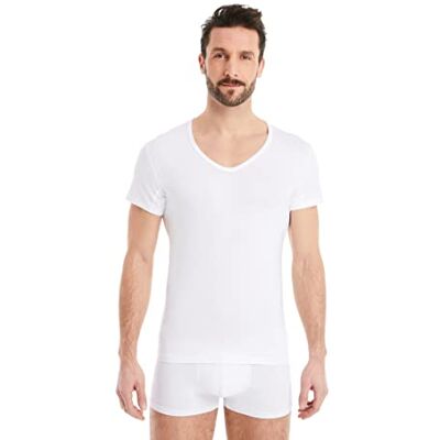 FINN T-shirt funcional para homem com decote em V t-shirt anti-suor com inserções contra manchas de suor t-shirt interior de manga curta em tecido original Lenzing® Modal, Branco, L FINN T-shirt funcional para homem com decote em V t-shirt anti-suor com inserções contra manchas de suor t-shirt interior de manga curta em tecido original Lenzing® Modal, Branco, L