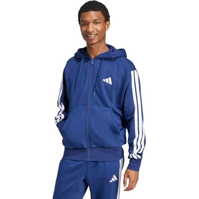 Adidas Homem Essencial Three Stripes Fleece Zipper Hoodie Sweatshirt, azul escuro/branco, L Adidas Homem Essencial Three Stripes Fleece Zipper Hoodie Sweatshirt, azul escuro/branco, L