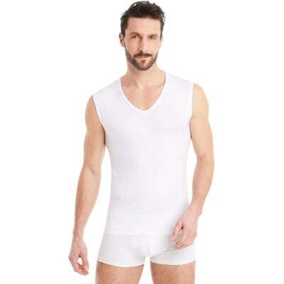 FINN T-shirt interior Business homem sem mangas com decote em V t-shirt interior de tecido original Lenzing® Modal a t-shirt debaixo de camisas e fatos, Branco FINN T-shirt interior Business homem sem mangas com decote em V t-shirt interior de tecido original Lenzing® Modal a t-shirt debaixo de camisas e fatos, Branco