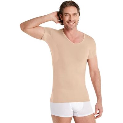FINN T-shirt anti-suor para homem com mangas extra curtas sob camisas de manga curta e polos t-shirt interior com proteção garantida contra manchas de suor e mau odor, Cor pele FINN T-shirt anti-suor para homem com mangas extra curtas sob camisas de manga curta e polos t-shirt interior com proteção garantida contra manchas de suor e mau odor, Cor pele