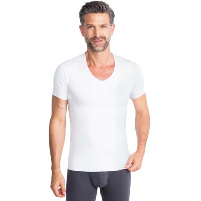 FINN Clean-Cut T-shirt interior de manga curta para homem, decote em V, invisível, com acabamento de corte a laser, sem costuras, de Lenzing Modal original para camisa e fato, Branco, Médio FINN Clean-Cut T-shirt interior de manga curta para homem, decote em V, invisível, com acabamento de corte a laser, sem costuras, de Lenzing Modal original para camisa e fato, Branco, Médio