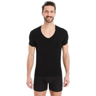 FINN T-shirt interior Business homem de manga curta com decote em V t-shirt interior de tecido original Lenzing® Modal a t-shirt debaixo de camisas e fatos, Preto FINN T-shirt interior Business homem de manga curta com decote em V t-shirt interior de tecido original Lenzing® Modal a t-shirt debaixo de camisas e fatos, Preto