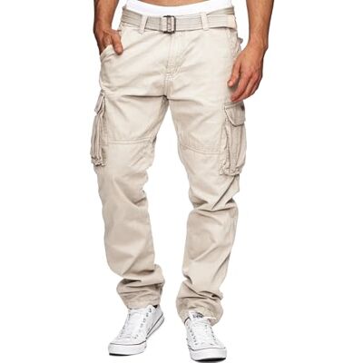 Indicode Homens William Cargo Pants Calças de algodão com 7 bolsos incluído cinto, Fog, S Indicode Homens William Cargo Pants Calças de algodão com 7 bolsos incluído cinto, Fog, S