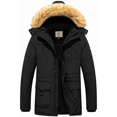 WenVen Casaco de inverno, para homem, com forro polar, quente, corta-vento, com fecho frontal, capuz, de pele sintética WenVen Casaco de inverno, para homem, com forro polar, quente, corta-vento, com fecho frontal, capuz, de pele sintética