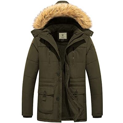 WenVen Casaco de inverno, para homem, com forro polar, quente, corta-vento, com fecho frontal, capuz, de pele sintética WenVen Casaco de inverno, para homem, com forro polar, quente, corta-vento, com fecho frontal, capuz, de pele sintética