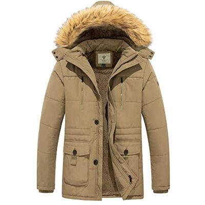 WenVen Casaco de inverno, para homem, com forro polar, quente, corta-vento, com fecho frontal, capuz, de pele sintética WenVen Casaco de inverno, para homem, com forro polar, quente, corta-vento, com fecho frontal, capuz, de pele sintética